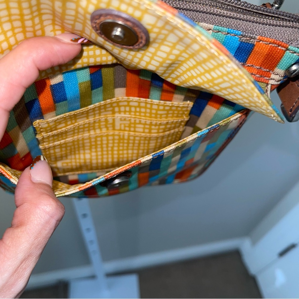 Fossil Key-Per Multicolor Stripe Crossbody Bag Small Canvas Leather Trim - Picture 4 of 8